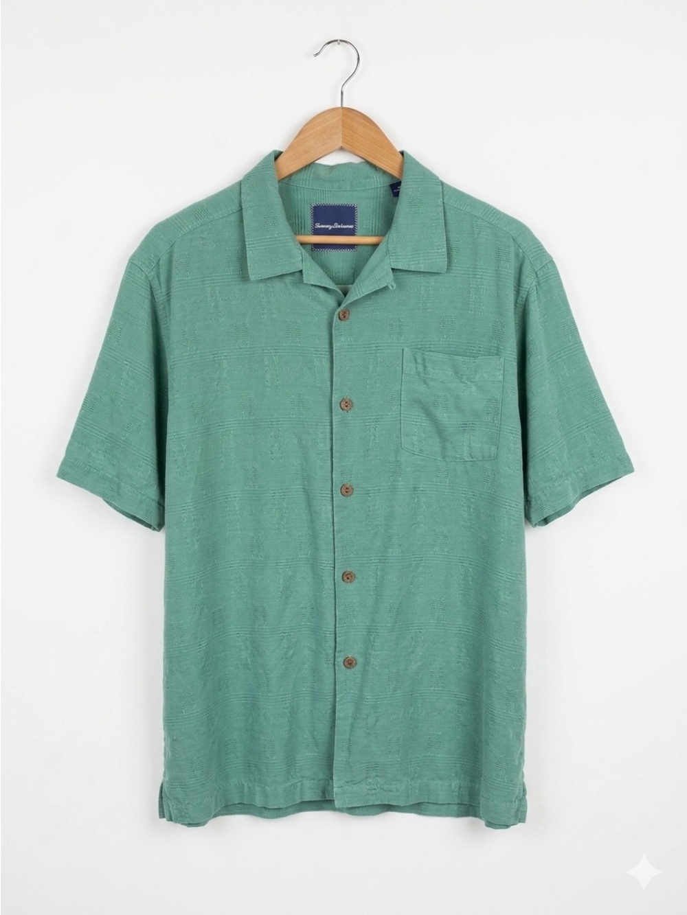 Tommy Bahama T314436 100% Silk Jacquard Camp Shirt L Seafoam